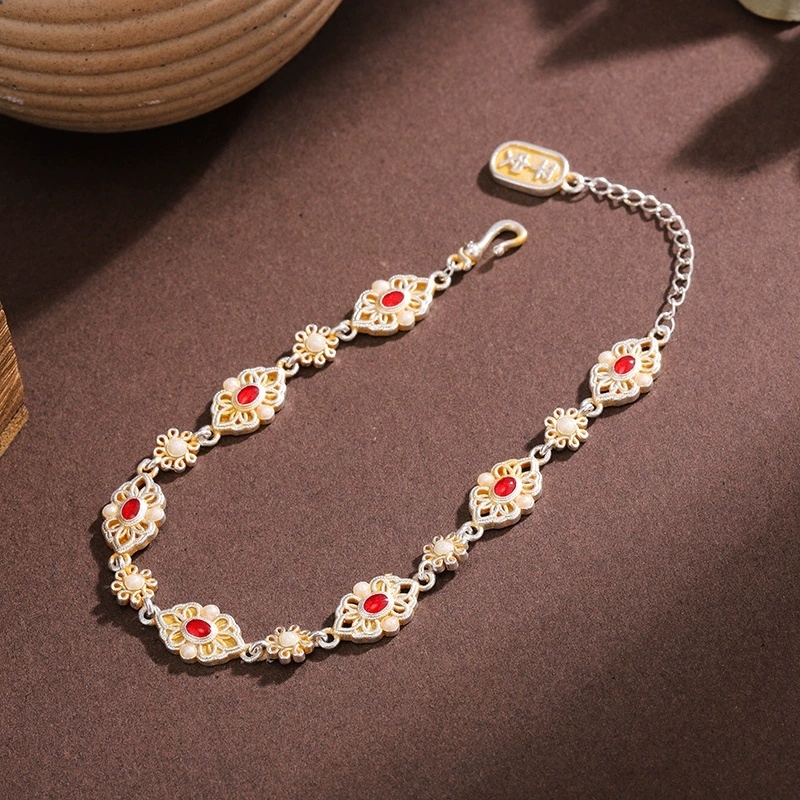 Silver-Plated Bracelet With Gold-Plated Enamel Floral Filigree, National Trend Retro Copper Geometric Pattern, Exquisite Versatile Fashionable Light Luxury Gift For Girlfriend