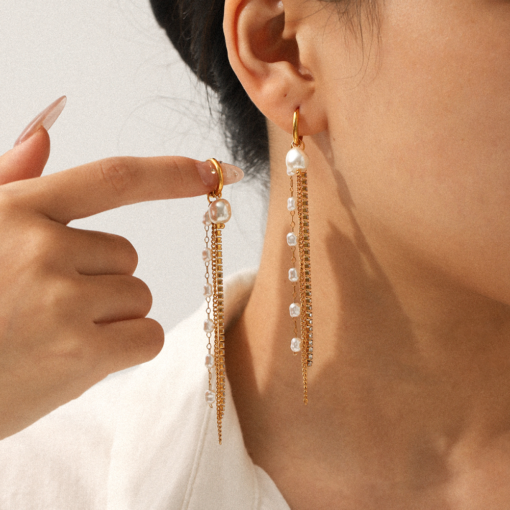 304 Stainless Steel Earrings Pearl Chain Zircon Chain Tassel Earrings Light Luxury High-end Long Earrings Versatile Accessories Vacuum Electroplating 18K Real Gold Plated