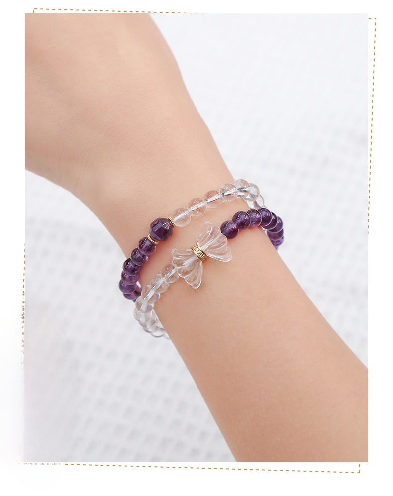 JD Jewelry Double Ring Bracelet Natural Amethyst White Crystal Bow Simple Style Fashion Sweet Style Women's Accessories