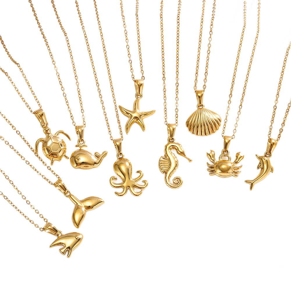 18K Gold Plated Turtle Starfish Shell 304 Stainless Steel Animal Pendant Necklace Fashion Starfish Conch Collarbone Chain Women's Ocean Series Jewelry Accessories