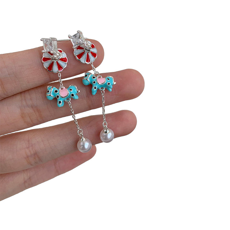 Creative Christmas Decorations Asymmetric Zircon Mini Umbrella Rotating Horse Pearl Earrings Jewelry Ear Studs For Women