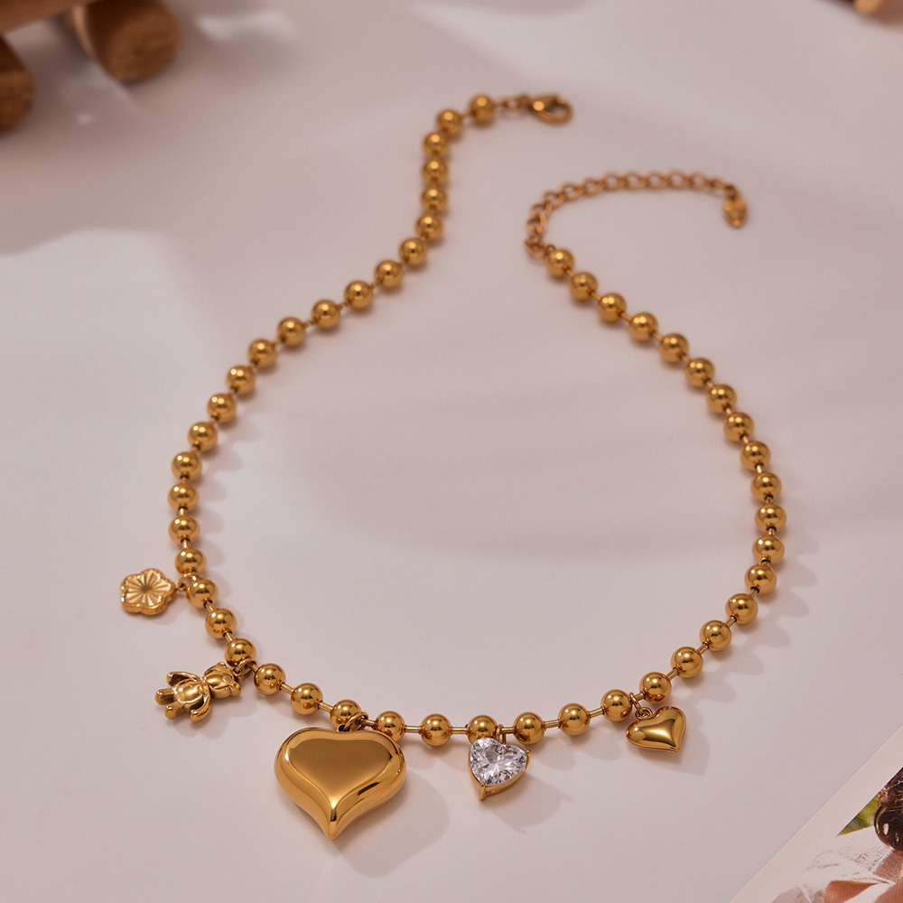 304 Stainless Steel Zircon Big Heart Bear Hollow Necklace Plated 18K Real Gold  Fashion Versatile Jewelry INS Style Gorgeous Novel Design