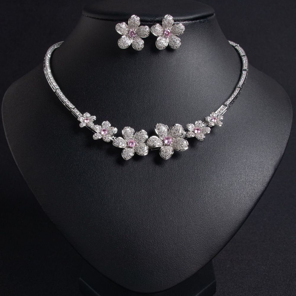 Fashionable Luxury Zircon Flower Wedding Dress Accessories Bridal Necklace Set Earrings And Necklace Jewelry For Brides