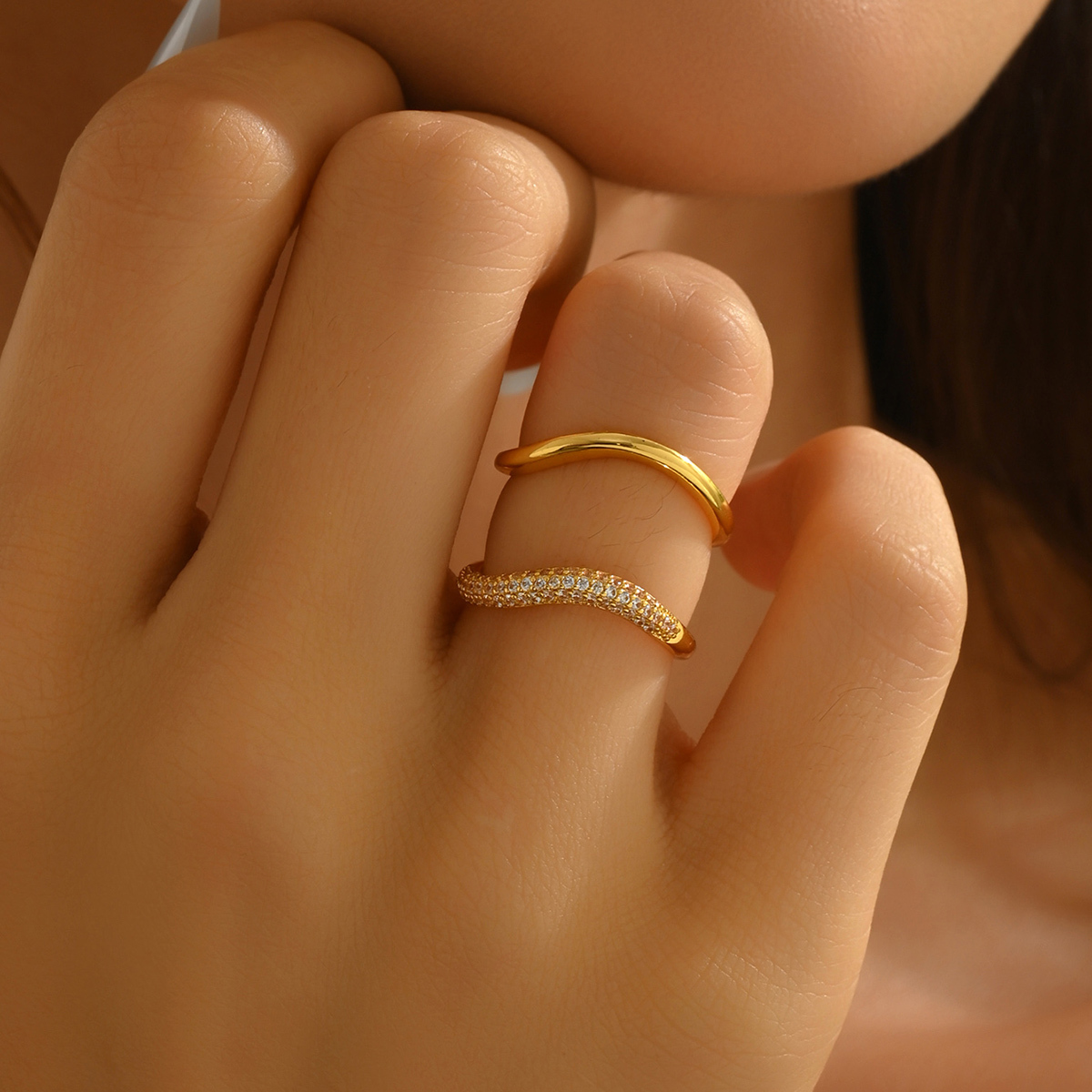 2-piece Set Copper Inlaid Zircon Geometric Elegant Couple Rings Suitable For Proposal, Dating, Gift, And Accessories