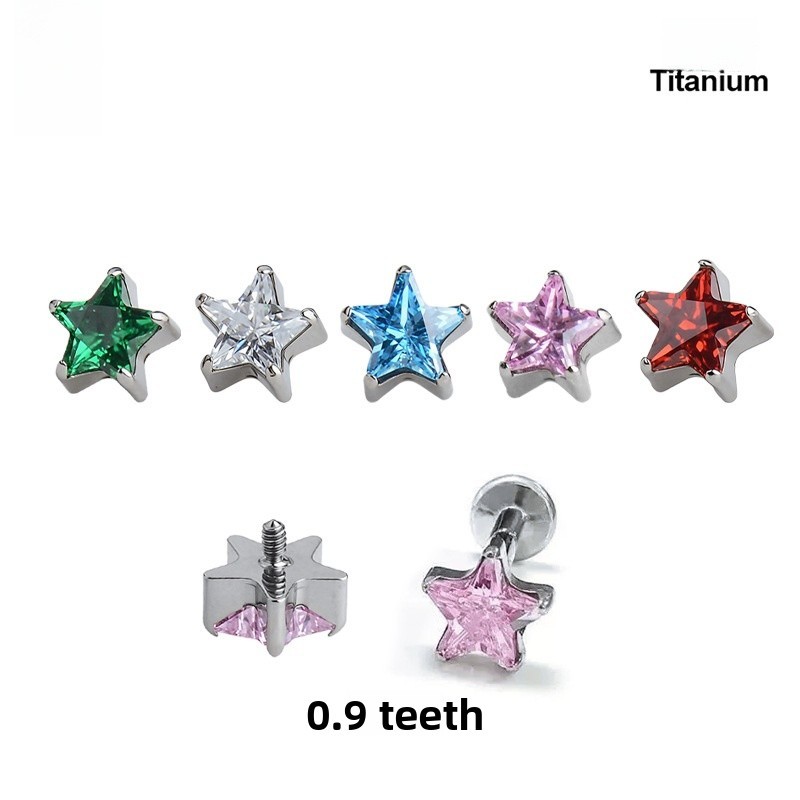 Fashion Titanium Alloy Pentagram Lip Stud Women's Shiny 5A Zircon Earrings Multifunctional Jewelry Accessories Electroplated (Including Color Retention Layer)