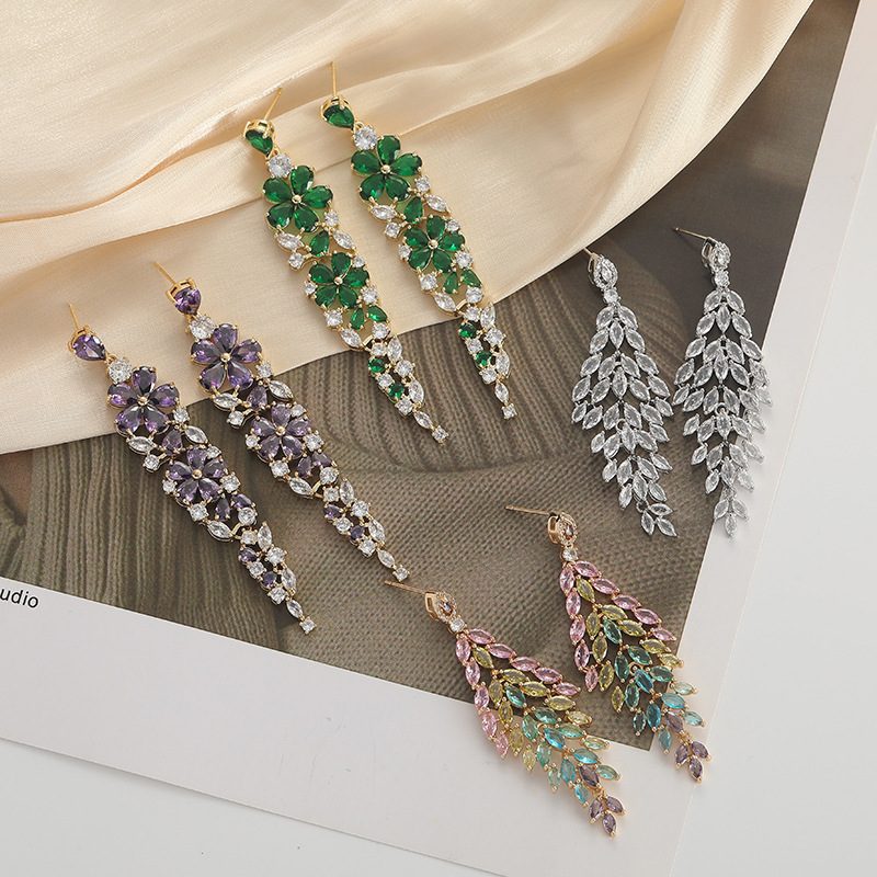 Elegant Long S925 Silver Needle Zircon Leaf Earrings Wedding Bride Jewelry Bohemian Floral Print Fairy Style Women's Accessories
