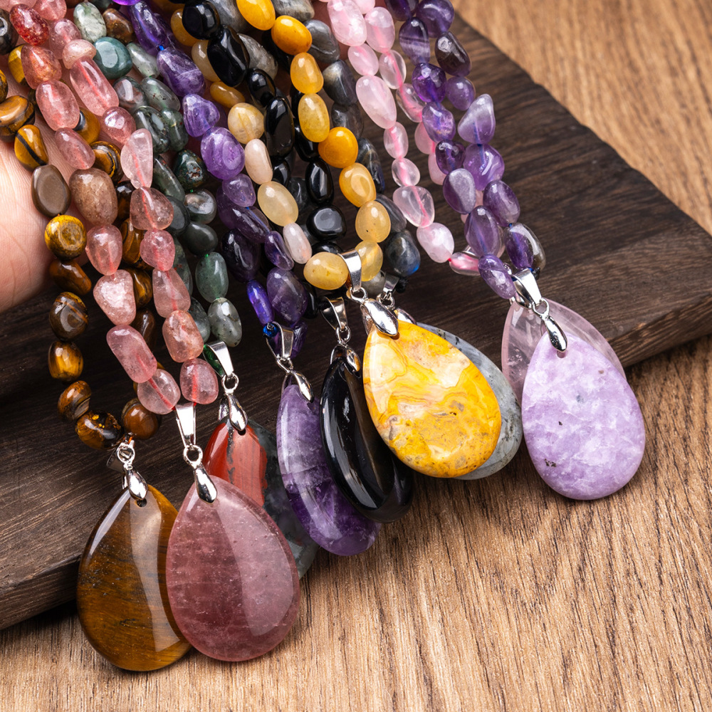 ZhouHang Natural Crystal Long Necklace Elegant Pendant Sweater Chain Amethyst Water Drop Earrings Jewelry Accessories