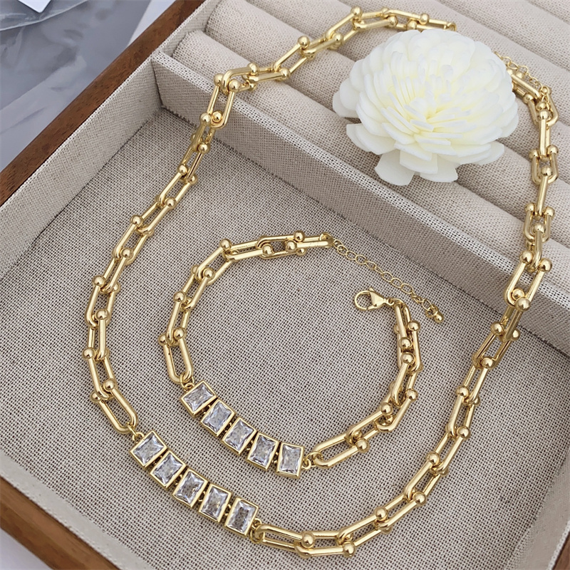 Classic Minimalist Copper Plated 18K Gold Zircon Jewelry Set For Men And Women Daily Wear Perfect Gift Set Includes Necklace And Bracelet