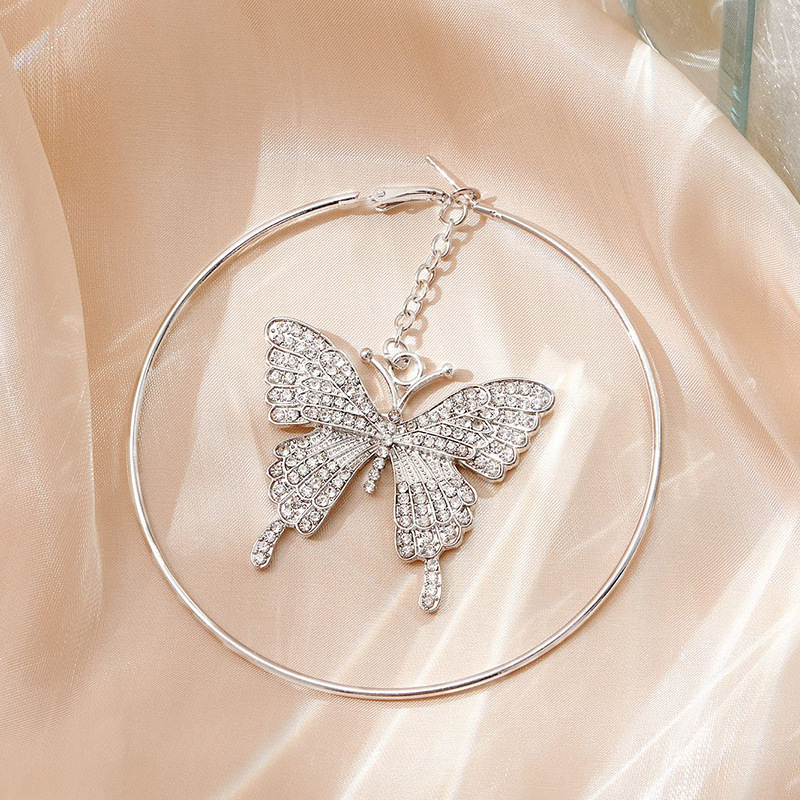 Butterfly Shaped Hoop Earrings Women's Fashion Diamond Pendants Circle Studs Elegant Jewelry Accessories Copper Material