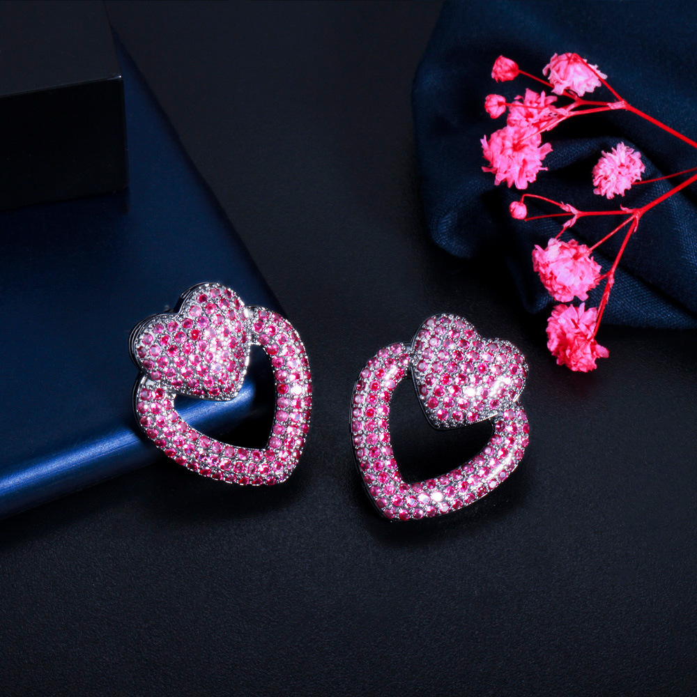 Copper Heart Shape Electroplating Zircon Rhodium Plated Classic Style Inlay Ear Studs