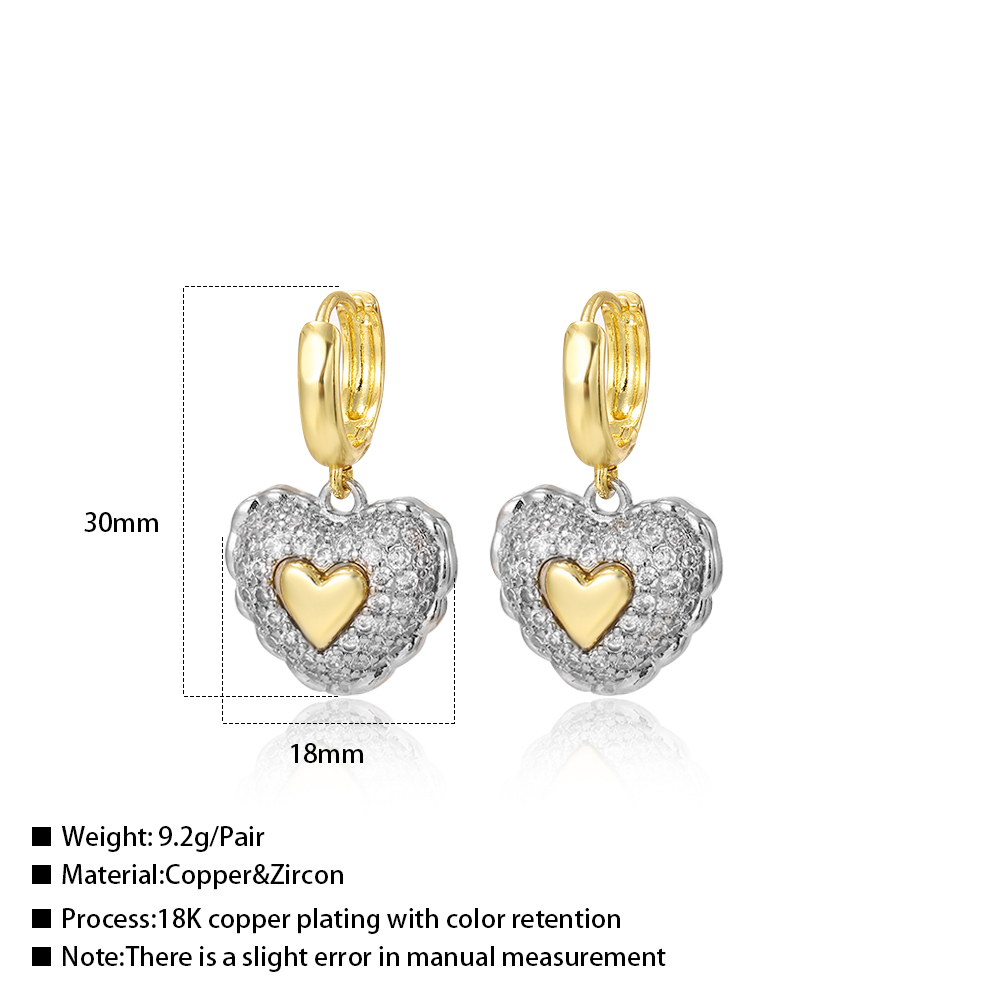 18K Gold Plated Smooth Color-Retaining Full Zirconia Two-Tone Heart-Shaped Dangle Earrings Ear Clips Ear Jewelry