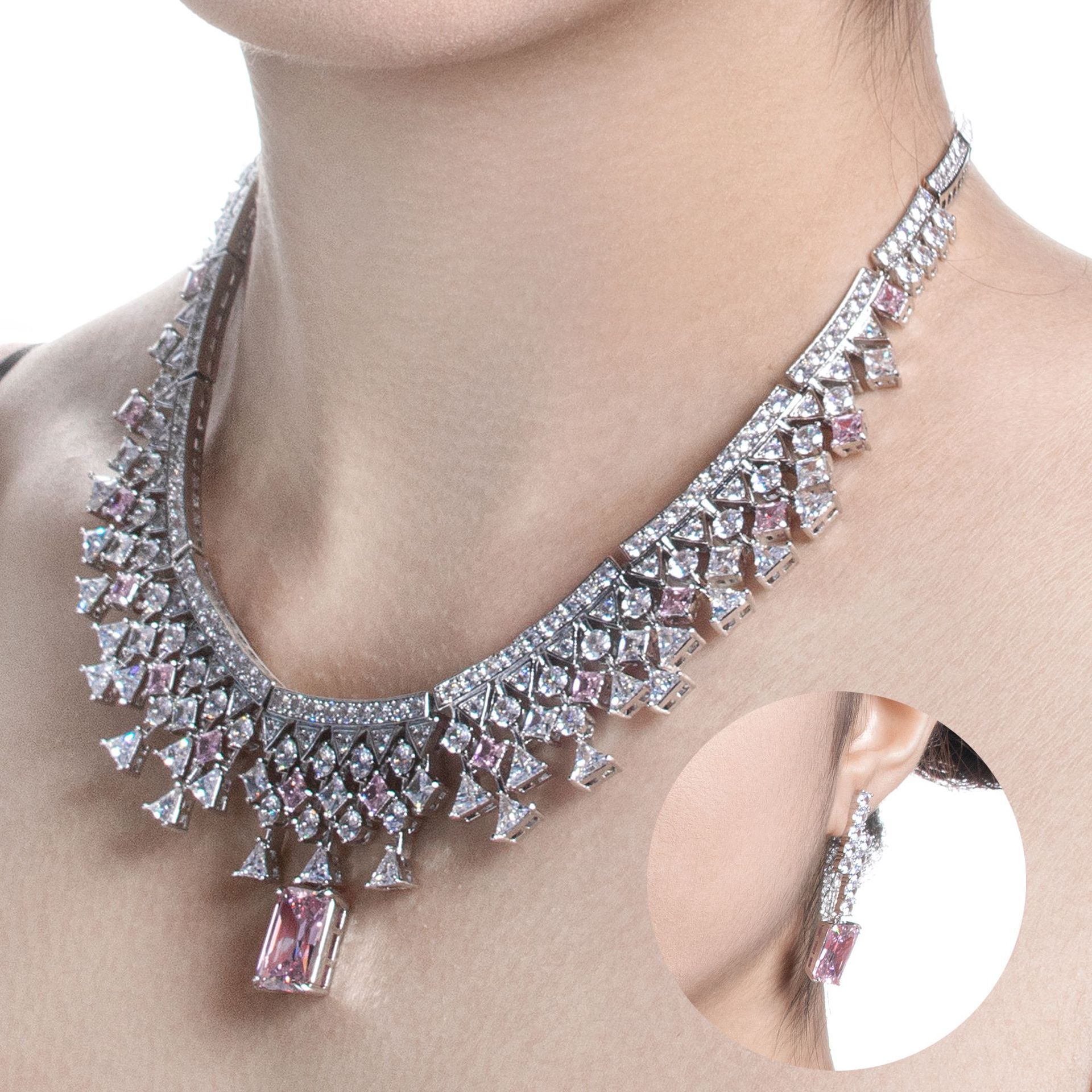 Elegant Zircon Necklace Earring Set Bridal Gown Accessories High-End Jewelry Women's Stylish Floral Pattern Retro Craftsmanship