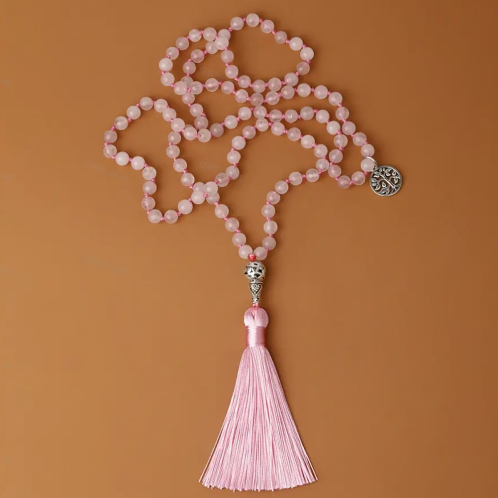 108 Pink Crystal Handmade Knot Necklace  Best Selling Long Tassel Accessories Meditation Woolen Chain In Stock Wholesale