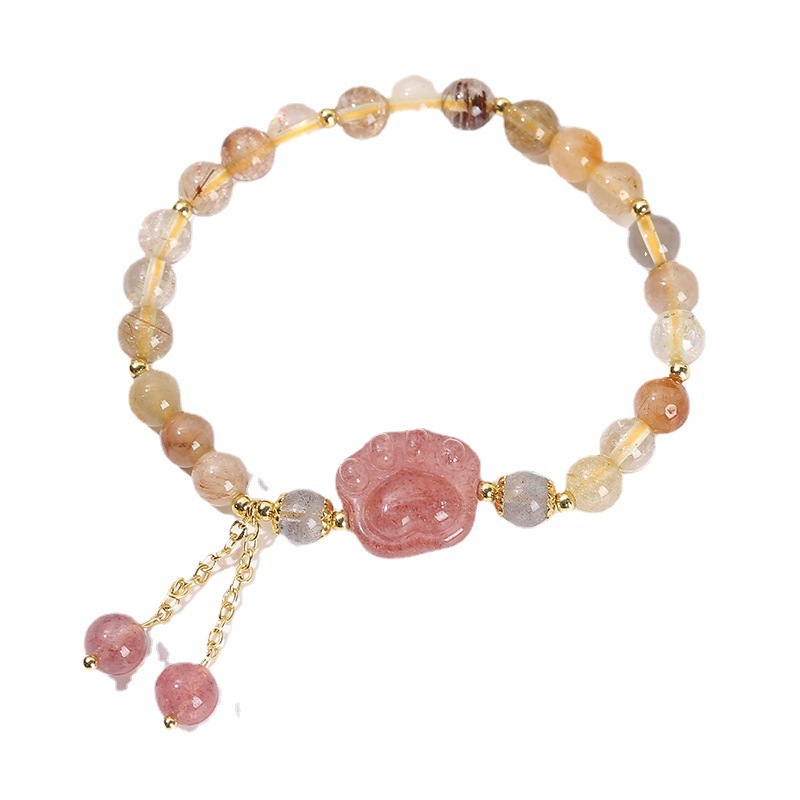 Natural Crystal Cat Paw Bracelet For Girls Cute Tassel Accessories Strawberry Crystal Hair Jewelry Crystal Animal Pattern Jewelry