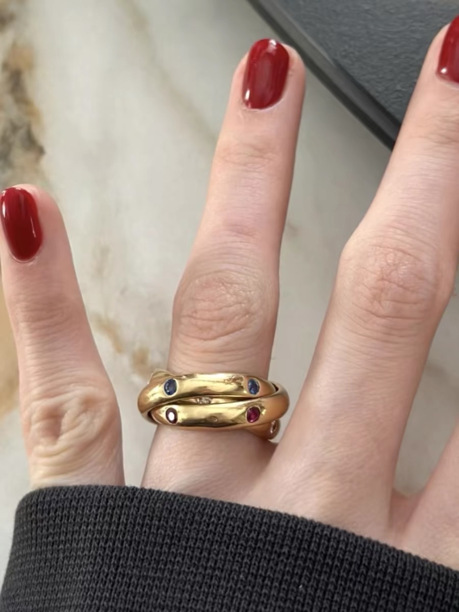 Fashionable Retro Three- Ring Geometric Pattern Ring For Women Classic Color Gemstone Rings Elegant Personality New Style