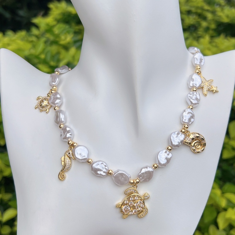 Wholesale Jewelry Simple Style Classic Style Tortoise Starfish Conch Copper 18K Gold Plated Beaded Chain Multi Charms Necklace Jewelry Set