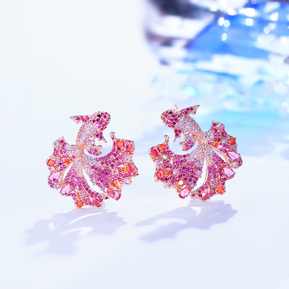 Creative Copper Fish Shaped Earrings With Colorful Zirconia Stones Wedding And Date Suitable Women's Fashion Jewelry Accessories