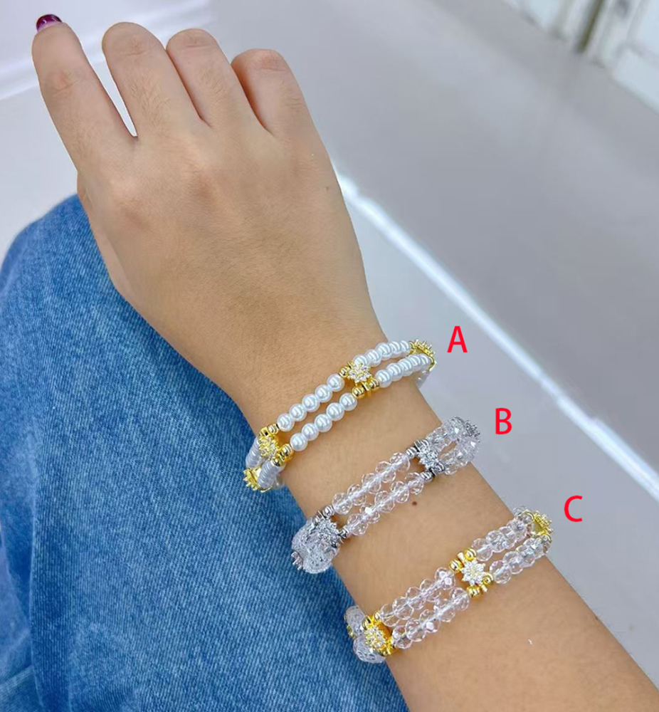 European And American Fashion Color-Retaining Electroplated Copper Imitation Pearl Zircon Flower Double-Layer Handmade Bracelet