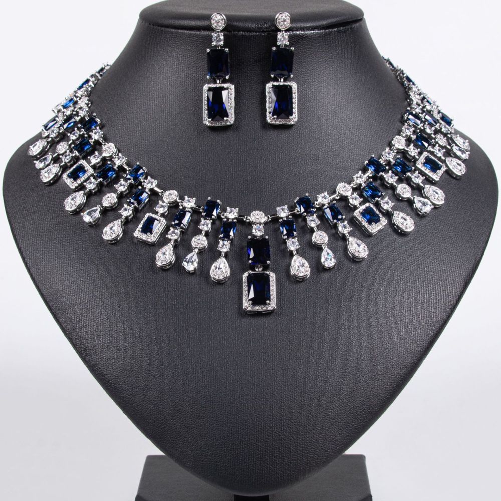 Hip-Hop Luxury Elegant Fashion Women's Water Drop Square Zircon Necklace Earrings Bridal Banquet Jewelry Set