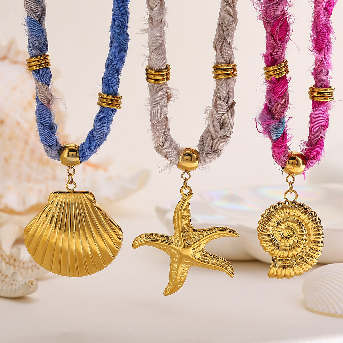 Casual Elegant Classical Starfish Snails Shell 18K Gold Plated Vacuum Plating 304 Stainless Steel Bandana Polyester Silk Scarf Cord Cloth Strip Lobster Trigger Clasp Closure Pendant Necklaces Wholesale