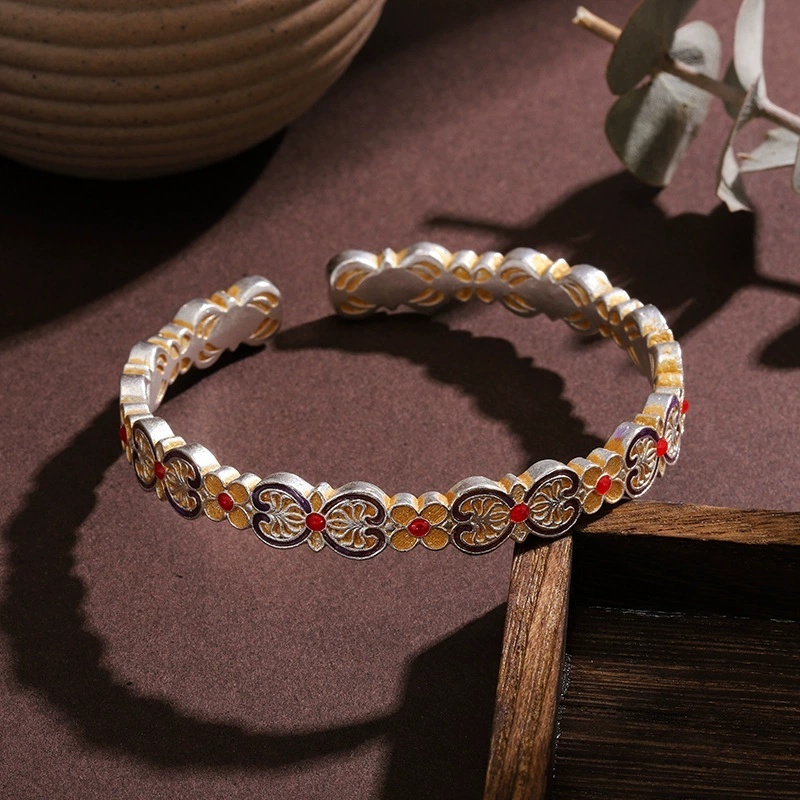 Vintage Ethnic Style Silver-Plated Bracelet New Chinese Style Violet Bracelet National Style Gold-Plated Enamel Double Ruyi Bracelet Gift Copper Geometric Pattern Flower Bracelet