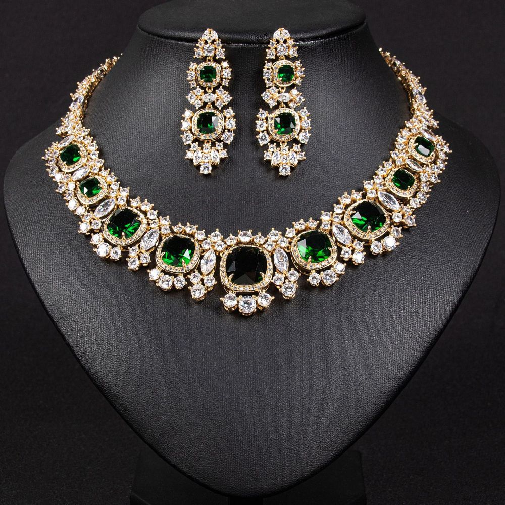 Luxurious  Style Wedding Necklace Jewelry Set For Women With AAA Zirconia Stones Fashionable Square Pattern