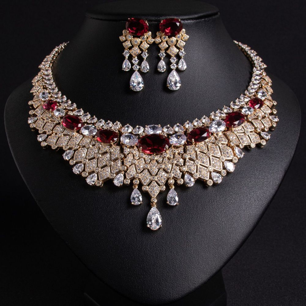 Luxurious Sparkling Jewelry Set Necklace Earrings Dinner Dress Elegant Fashionable Copper Zircon Heart Waterdrop Bell Pattern