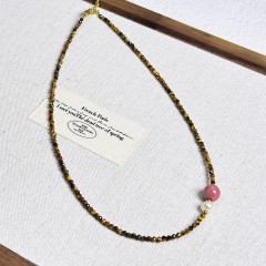 Tiger Eye Stone Pink Rose Freshwater Pearl Necklace