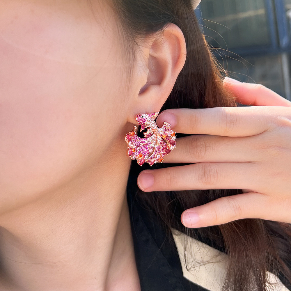 Creative Copper Fish Shaped Earrings With Colorful Zirconia Stones Wedding And Date Suitable Women's Fashion Jewelry Accessories