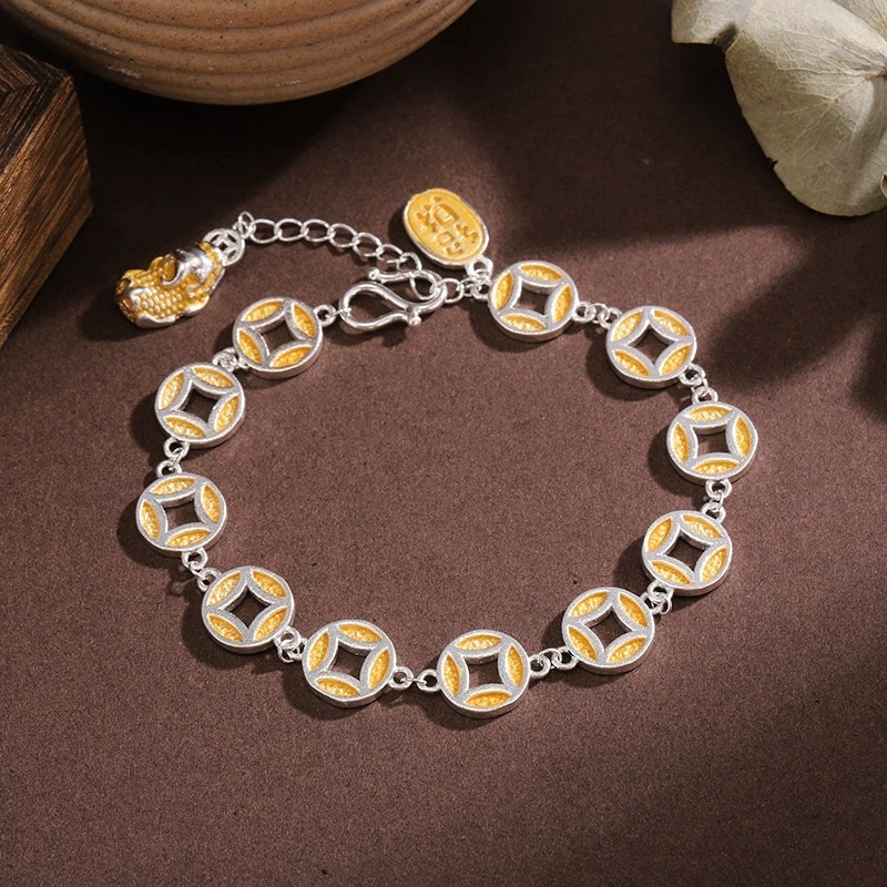 Universal Electroplated Silver Geometric Pattern Copper Vintage Ethnic Style Gold-Plated Pixiu Bracelet For Women New Chinese Style National Style Wealth-Attracting Fortune Copper Coin Hand Jewelry