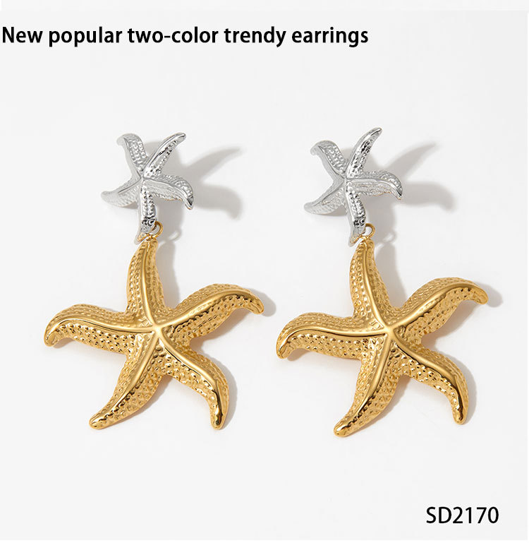 304 Stainless Steel Starfish PVD Coated Stone-Free Real Gold Plated Marine Style Beach Waterproof Non Tarnish Drop Earrings