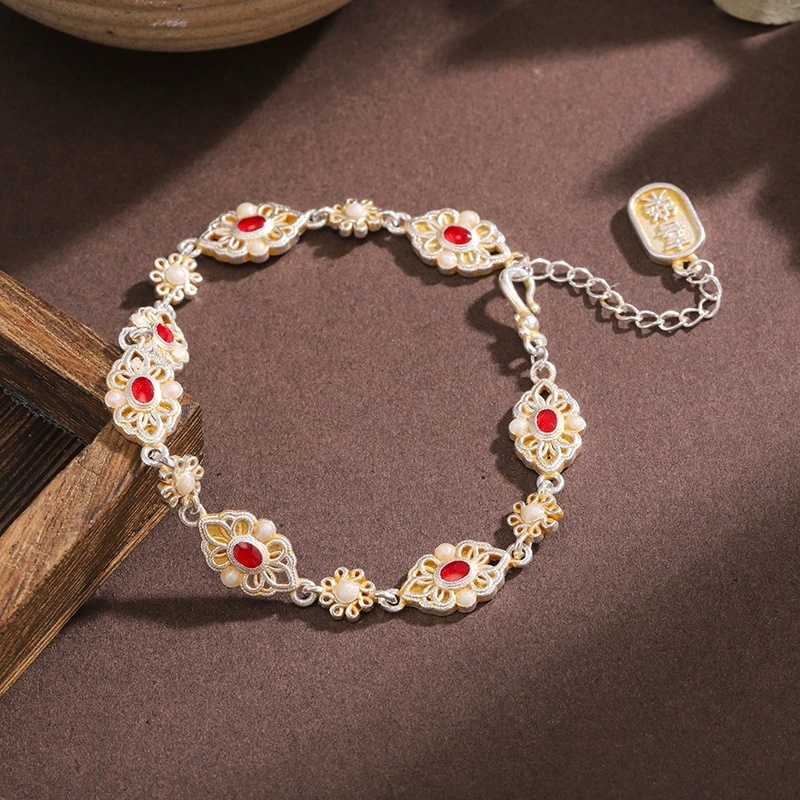 Silver-Plated Bracelet With Gold-Plated Enamel Floral Filigree, National Trend Retro Copper Geometric Pattern, Exquisite Versatile Fashionable Light Luxury Gift For Girlfriend