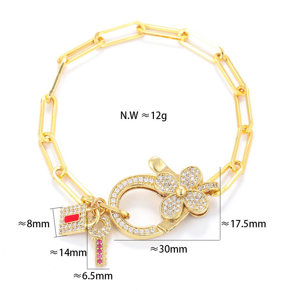Korean Style Key Lock Four-leaf Clover Zircon Interlocking Hollow Chain Bracelet