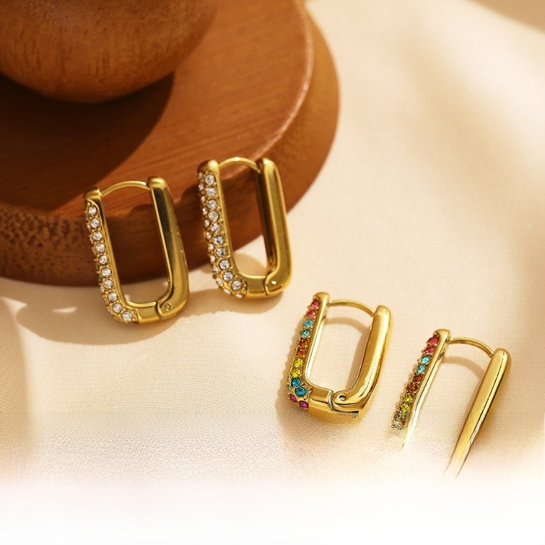 Titanium Steel Color Diamond Inlaid U-shaped Zircon Women's Earrings Stainless Steel Earrings Hoop