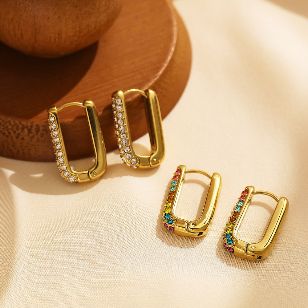 Titanium Steel Color Diamond Inlaid U-shaped Zircon Women's Earrings Stainless Steel Earrings Hoop