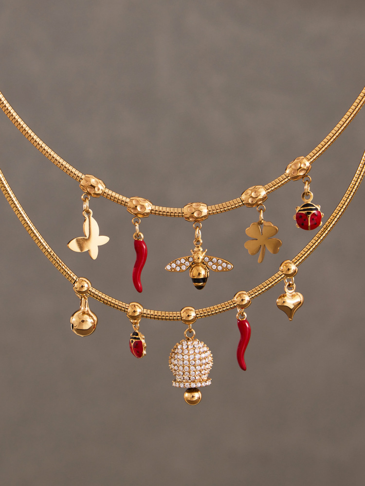 Stainless Steel Zirconia Pendant Oil Drop Red Pepper Ladybug Bee Bell Tassel Women's Necklace Unique Style Jewelry Accessories