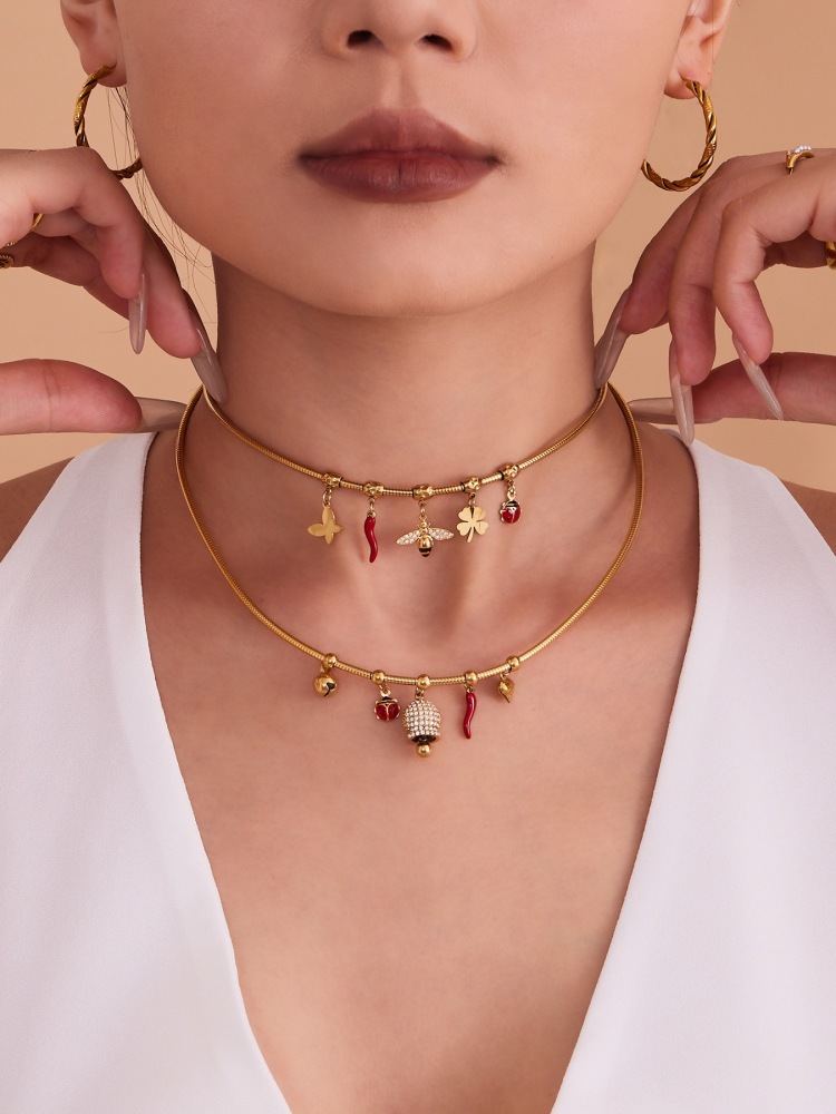 Stainless Steel Zirconia Pendant Oil Drop Red Pepper Ladybug Bee Bell Tassel Women's Necklace Unique Style Jewelry Accessories