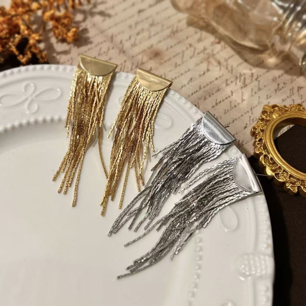 Long Tassel French Metal Earrings For Women, Simple Silver Needle Jewelry Accessories For Evening Banquets
