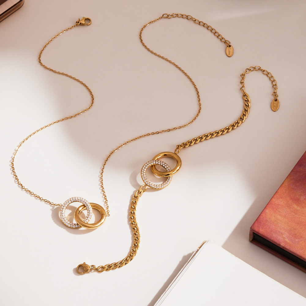 Stainless Steel Double Ring Zircon Necklace Bracelet 18K Gold Plated Fashionable Versatile Luxury Jewelry Accessories Set