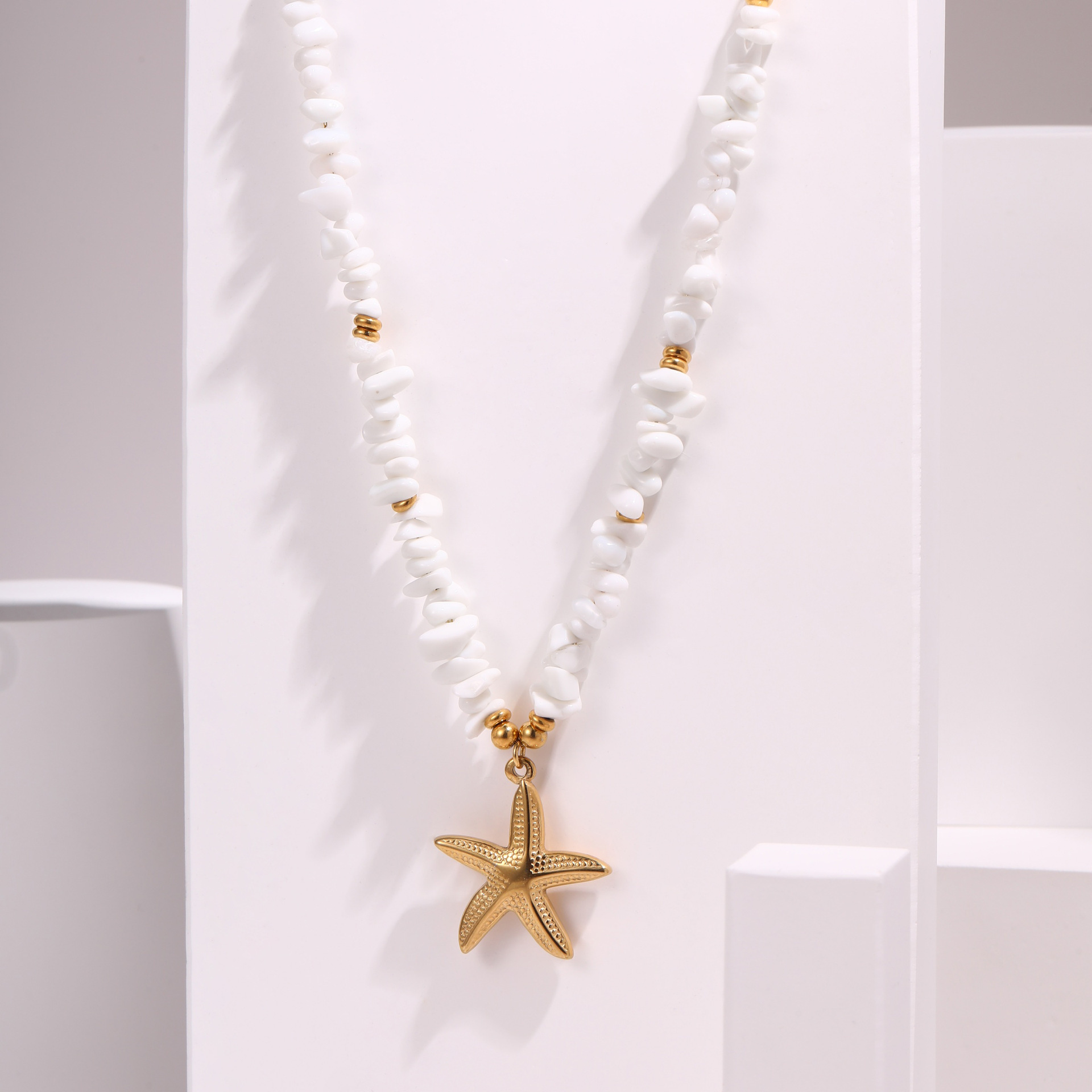 Stainless Steel Starfish Shell Pendant Necklace Colorful Electroplated Real Gold  Holiday Style Women's Jewelry