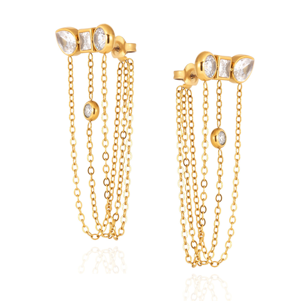 18K Gold Plated Jewelry 304 Stainless Steel Zircon Tassel Earrings Waterproof Non-Fading Vintage Classic Accessories