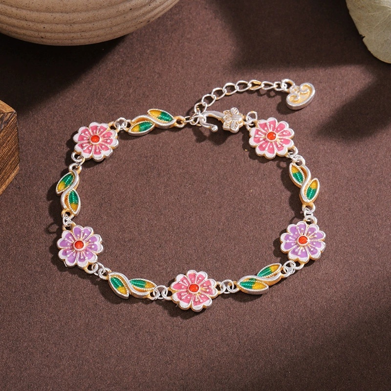 Silver-Plated Enamel Gold-Plated Vintage Geometric Pattern Peach Blossom Green Leaf Ingot Bracelet Chinese Style New Chinese Jewelry Gift For Girlfriend