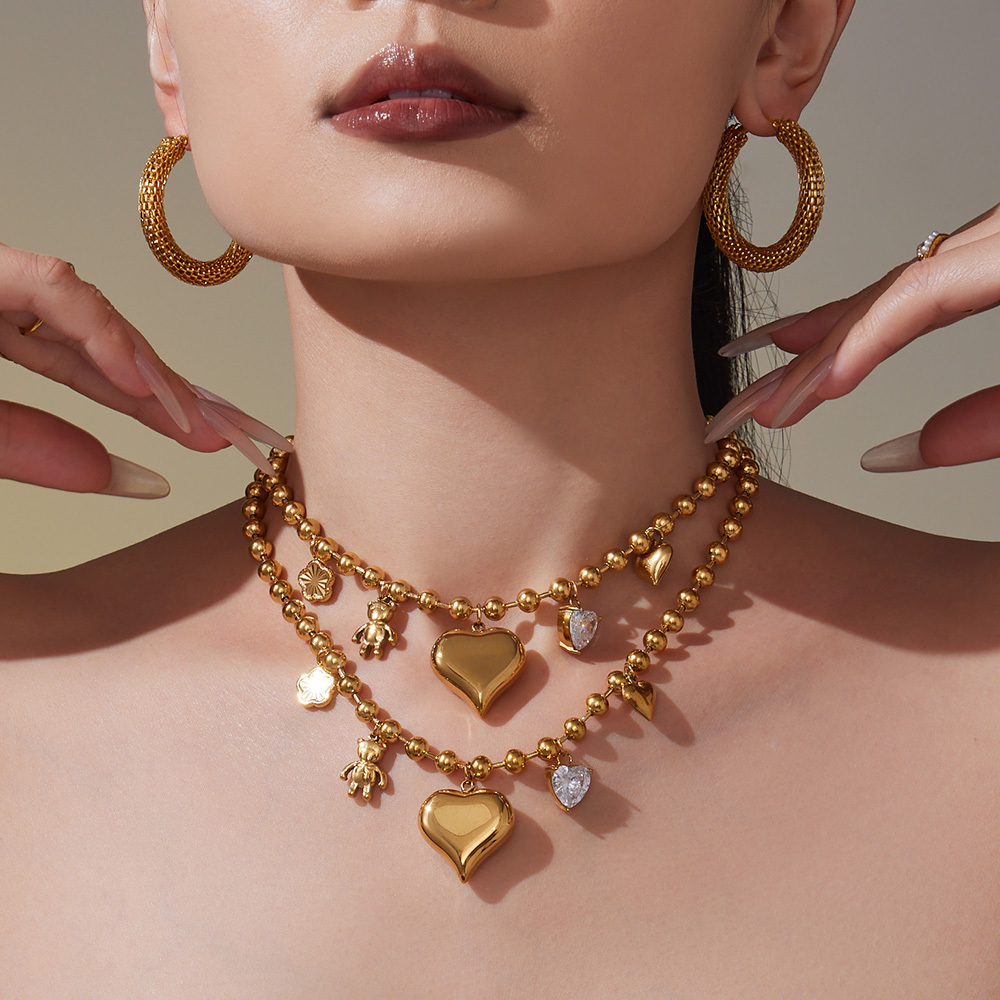 304 Stainless Steel Zircon Big Heart Bear Hollow Necklace Plated 18K Real Gold  Fashion Versatile Jewelry INS Style Gorgeous Novel Design