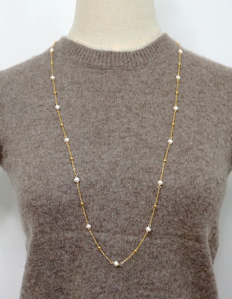 Freshwater Pearl Ferroalloy Round Vacuum Plating Gold Plated Simple Style Classic Style Waterproof Non Tarnish Beaded Plating Gold Sweater Chain Long Necklace