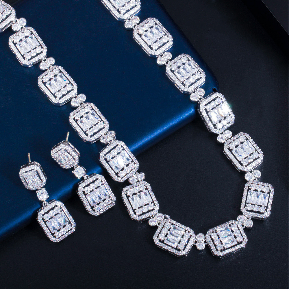 Water Plated Copper Material Rhodium Plated Inlaid Zircon Geometric Women's Banquet Jewelry Two-Piece Set Safety Clasp Wedding Season Valentine's Day