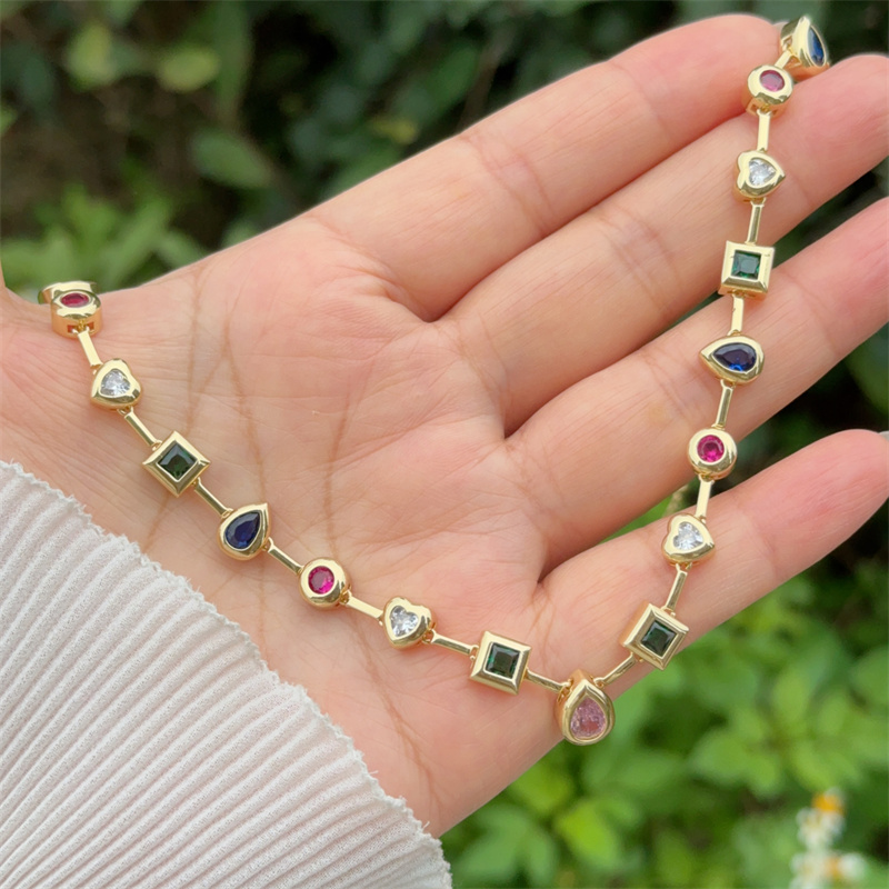 Wholesale Jewelry Classic Style Geometric Copper Zircon 18K Gold Plated Bracelets Necklace Jewelry Set Italian Charm & Links