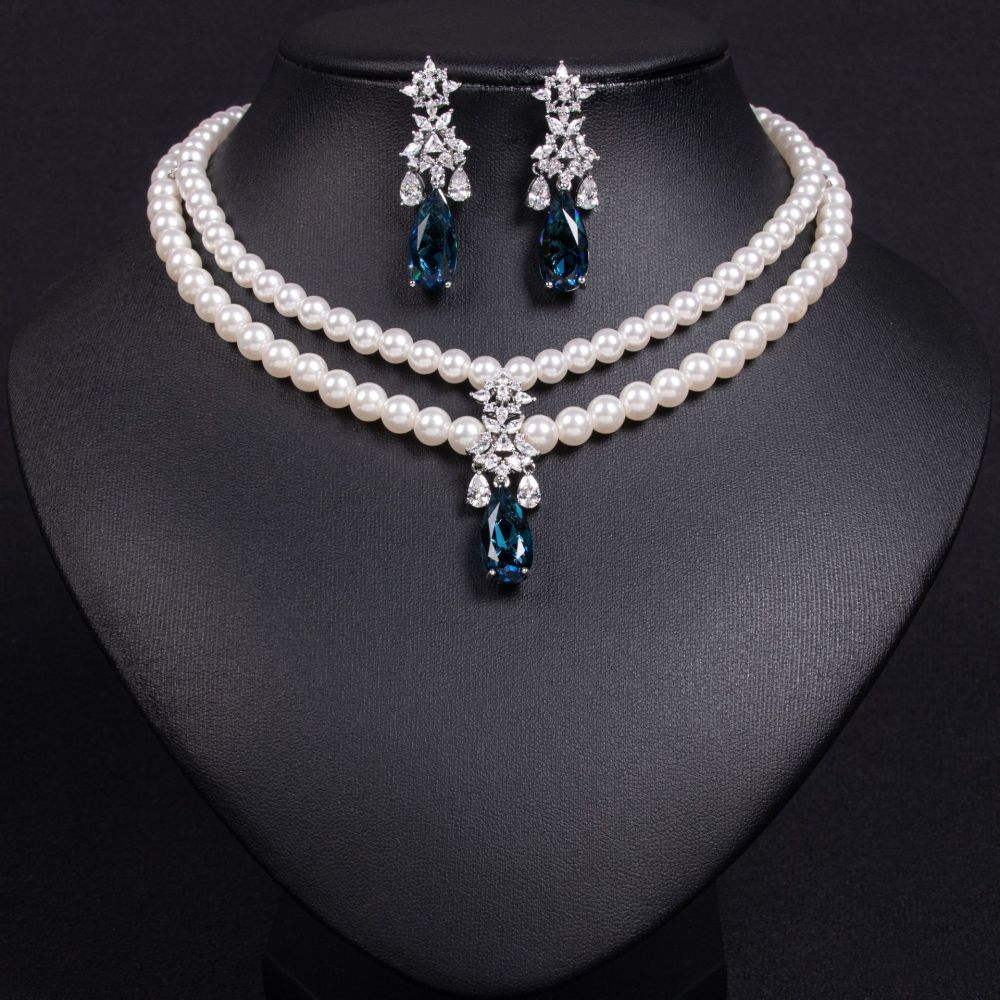 Double Layer Pearl Zircon Necklace Set With Waterdrop Earrings For Banquet Dresses  Style Jewelry Accessories