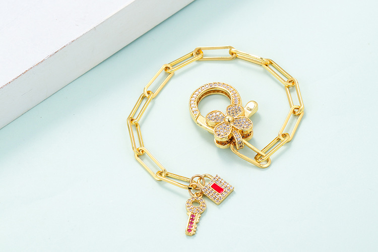 Korean Style Key Lock Four-leaf Clover Zircon Interlocking Hollow Chain Bracelet