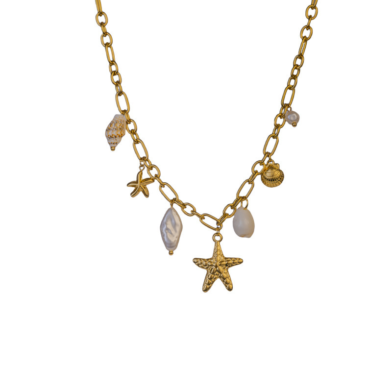 Fashion 304 Stainless Steel Shell Starfish Conch Necklace For Women Vacation Beach Ocean Style Coconut Tree Titanium Steel Jewelry Accessories