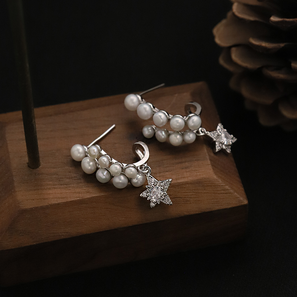 Natural Freshwater Pearl Star Stud Earrings White Gold Elegant Simple Style Women's Jewelry Accessories For Date And Tea Party